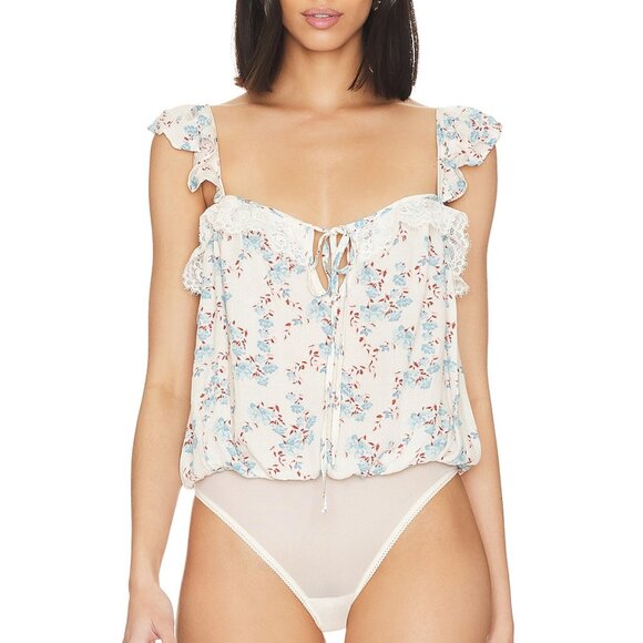 Free People Take It Away Floral Tie-Front Thong Bodysuit in Ivory Combo Floral S - Picture 1 of 15